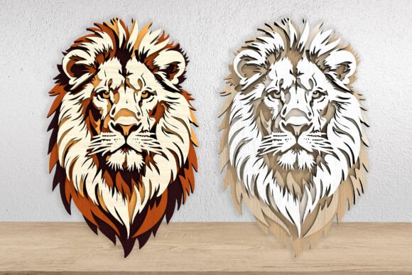 3D Wooden Lion Laser Cut File: Create a Bold and Powerful Wall Decoration